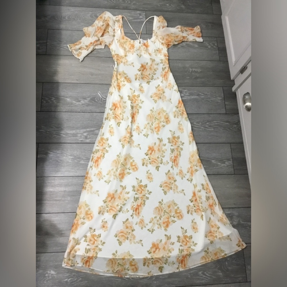 Luxxel Puff Sleeve Strappy Open Back Floral Maxi Dress size L - Picture 4 of 13